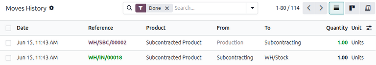Moves History page to see subcontracting moves in Odoo.
