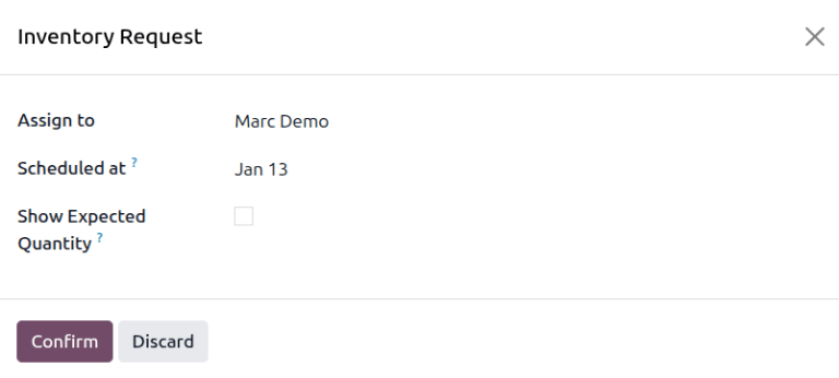 Request a count pop-up on the Physical Inventory page.