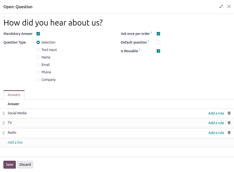 The Create Question pop-up window that appears in the Odoo Events application.