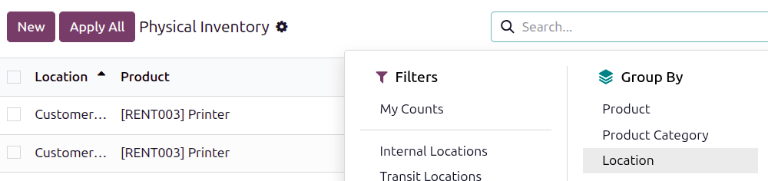 Filters and Group By menu on Inventory Adjustments page.