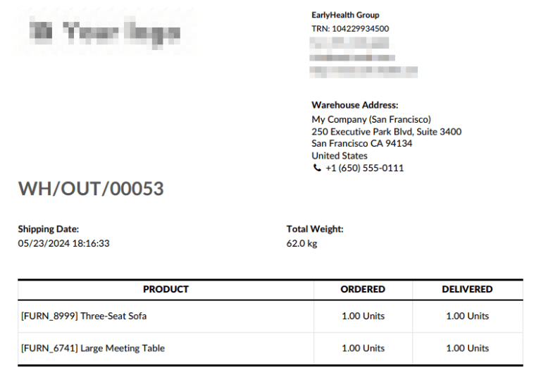 The order lines section of a delivery slip, showing a product and its serial number.