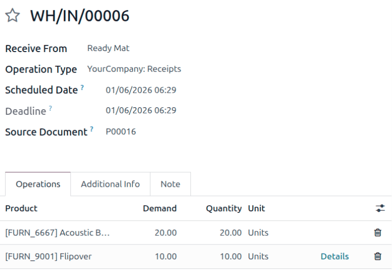 The Detailed Operations pop-up for a product in a delivery order.
