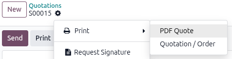 A sales order drop-down menu with the option to Print PDF Quote.