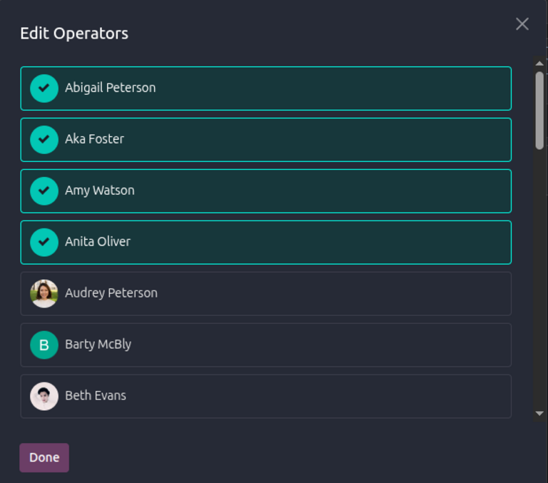 The Edit Operators pop-up window with four operators selected.