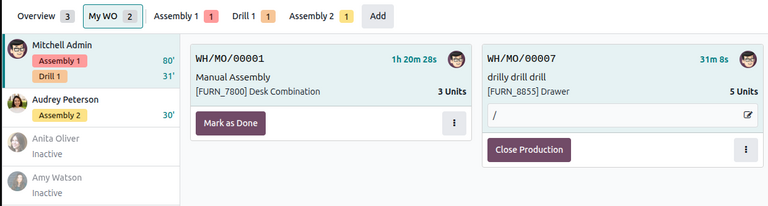 An employee card in the operator panel, showing two work order timers.