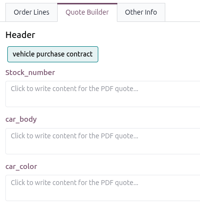 The Quote Builder tab with a vehicle purchase order form selected as the header.