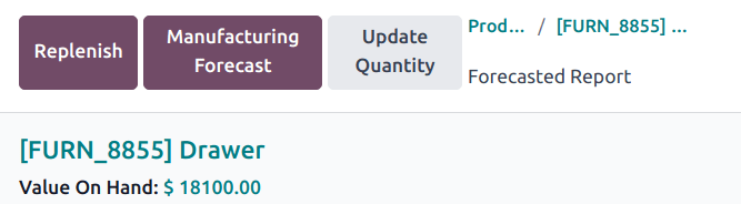 The Update Quantity button on a Forecast report in the Inventory app.