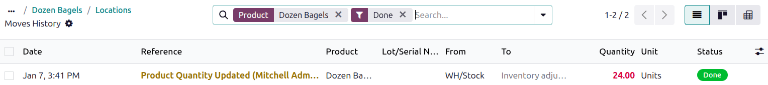 Show *Moves History*, showing a delivery that occurred after an inventory adjustment.