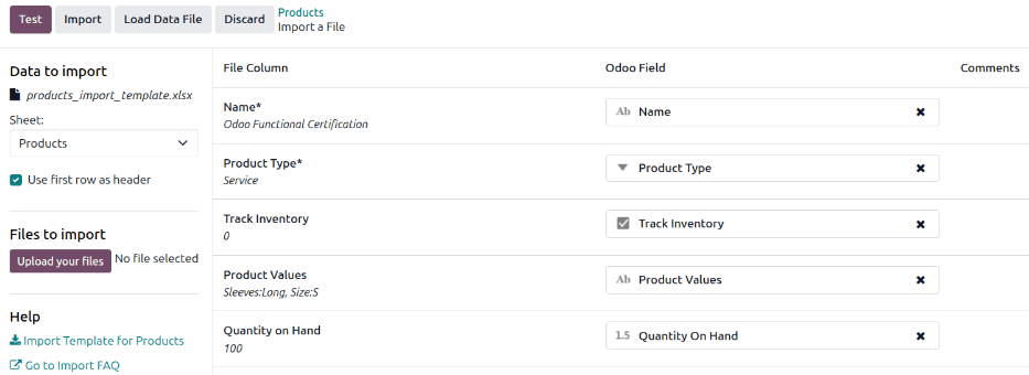The import a file page in Odoo Sales after a product template has been uploaded.