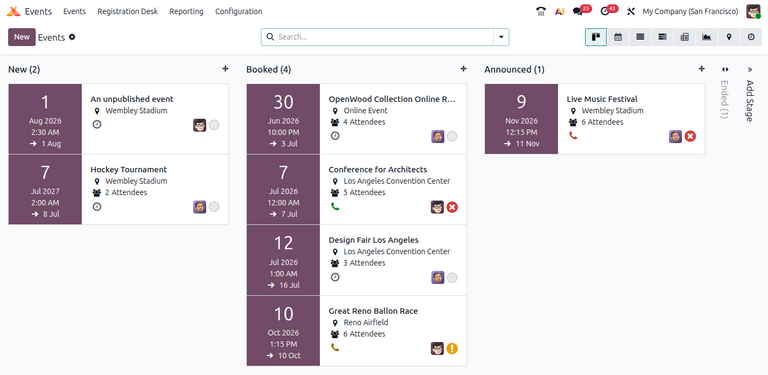 Overview of Events dashboard with the Kanban view in Odoo Events.