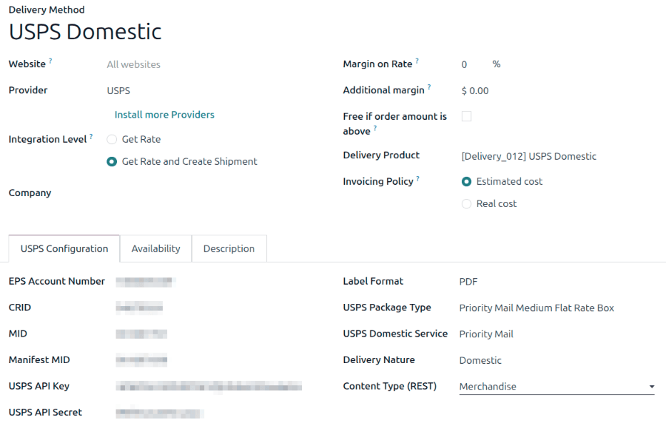 Complete the fields of the form to make the shipping method available.