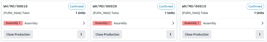 MOs in the Shop Floor module, ordered by their scheduled date.