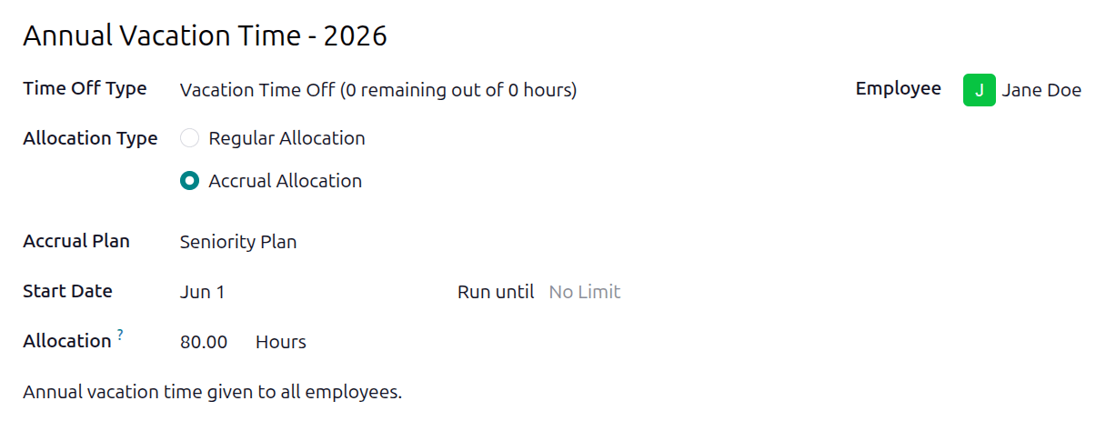 A new allocation form with all the fields filled out for the annual two week vacation for a new employee.