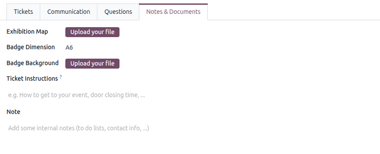 Typical notes tab on an event form in the Odoo Events application.