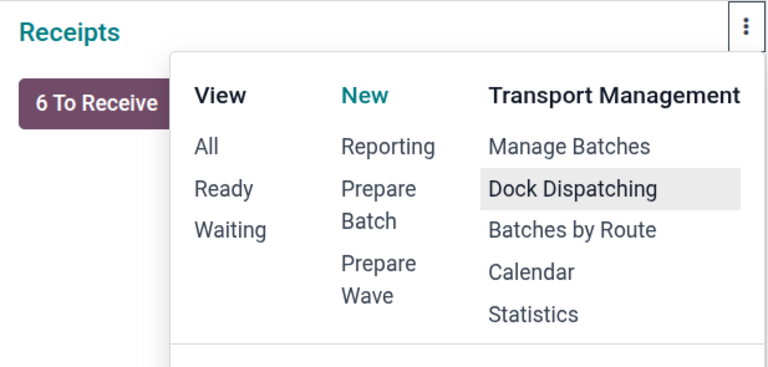 The vertical ellipsis menu shows Transport Management options on the Inventory Overview.