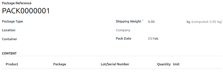 Package contents form showing the package contents, barcode, and pack date.