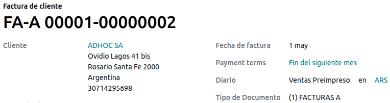 Invoice for a customer IVA Responsable Inscripto, prefix A.