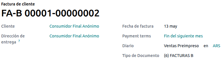 Invoice for an end customer, prefix B.