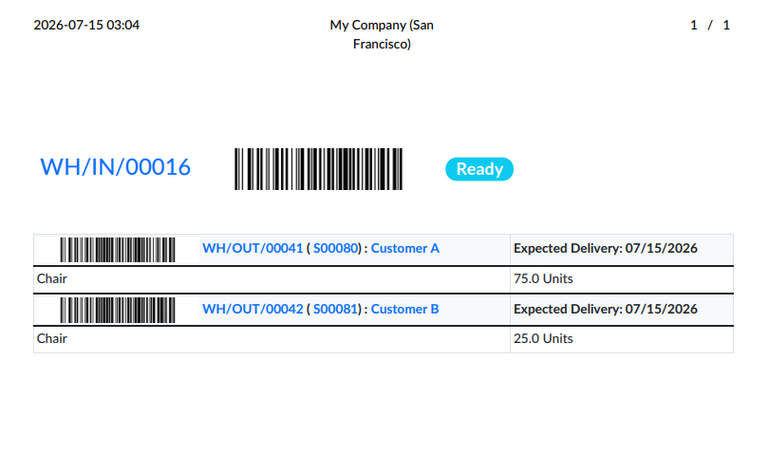 A printed reception report of assigned units in Odoo.