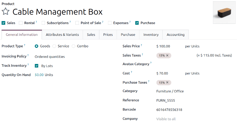 Product form showing the Valuation by Lot or Serial Number feature.