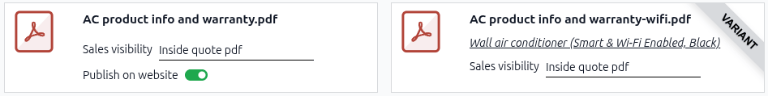 PDFs form cards of a product in the Sales app and one has a variant badge.