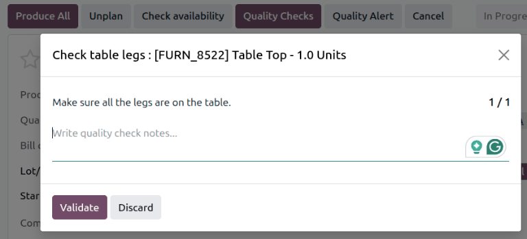 The Quality Check pop-up window on a manufacturing or inventory order.