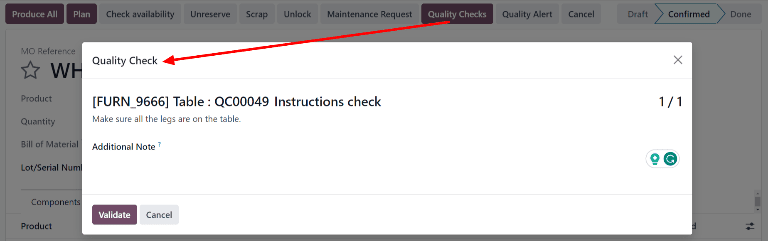 The quality check pop-up window on a manufacturing order.