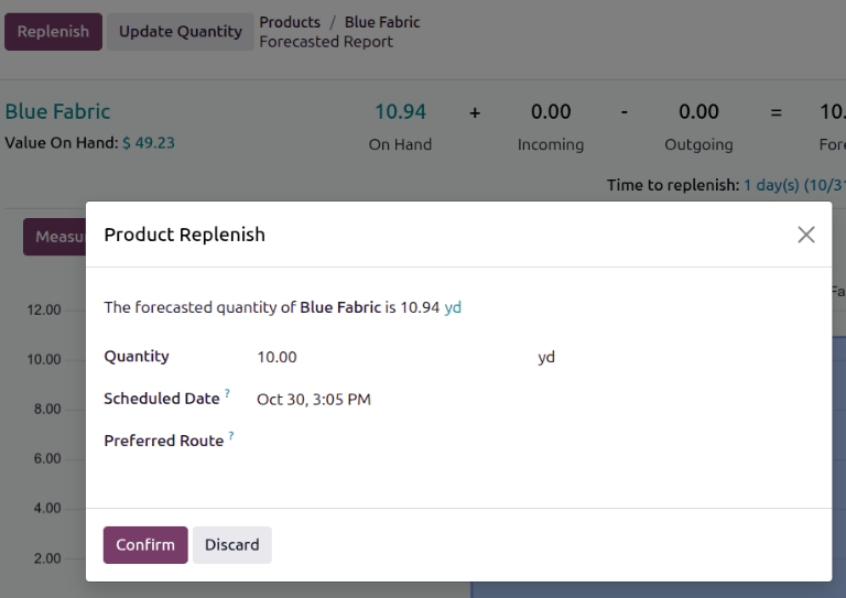Replenish pop-up window on the product form.