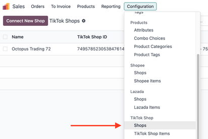 Navigating to the Shops configuration menu in Odoo Sales.