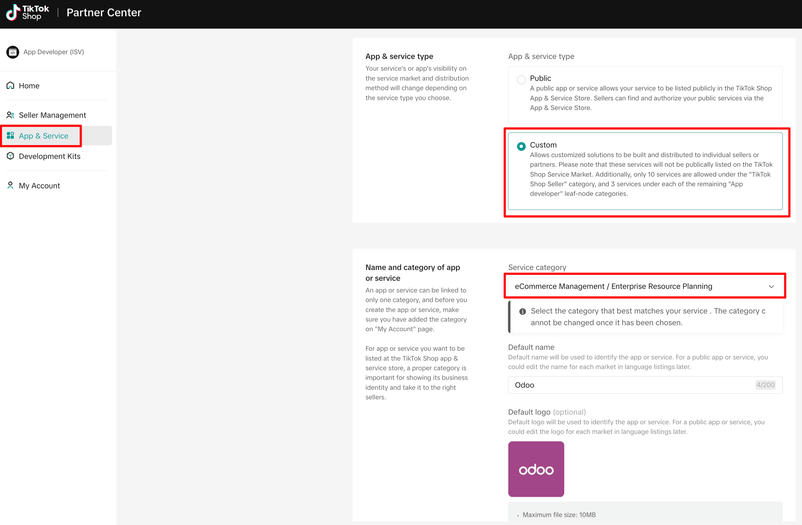 App and service type configuration settings in TikTok Shop.