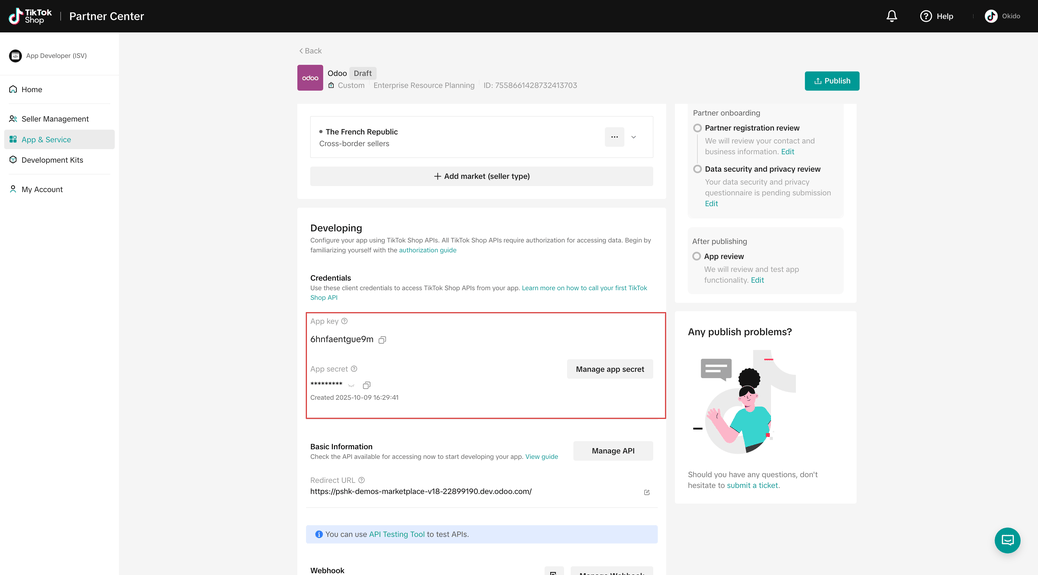 Locating the App key and App secret in the credentials menu.