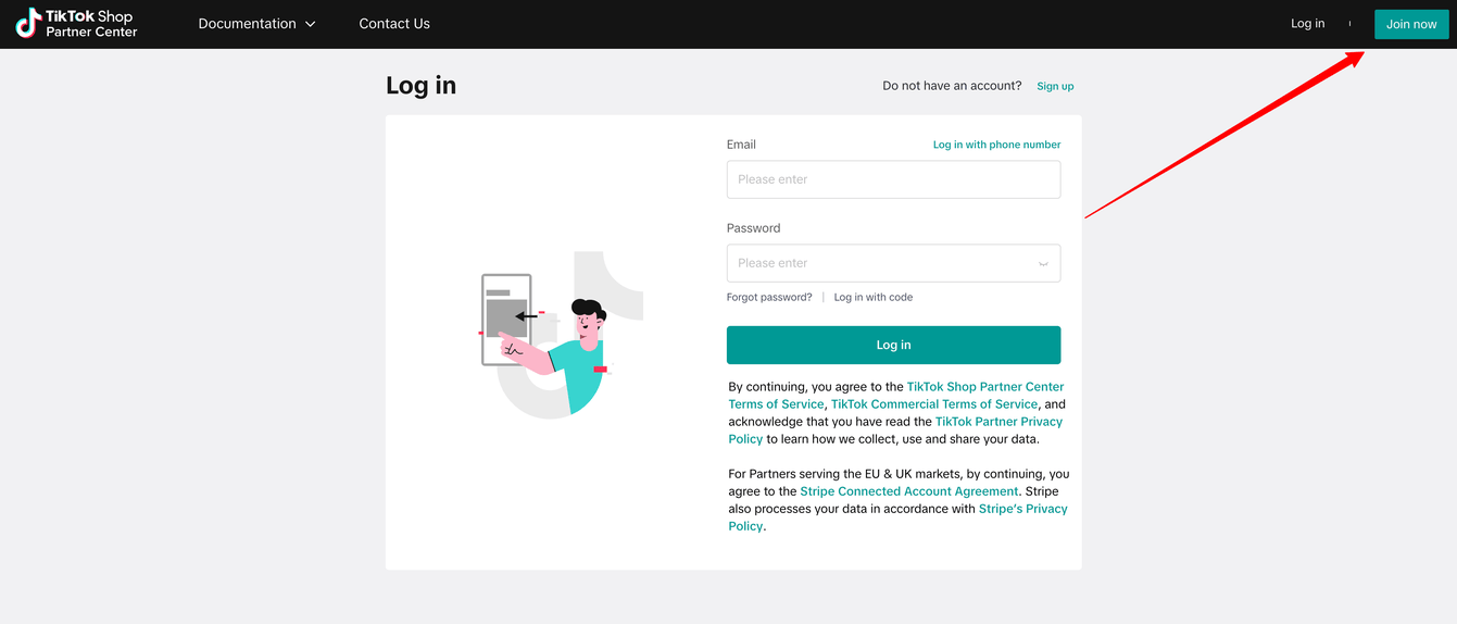 Registration page for TikTok Shop Partner Center.