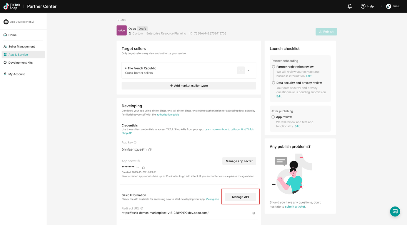 Manage API button under the basic information section.