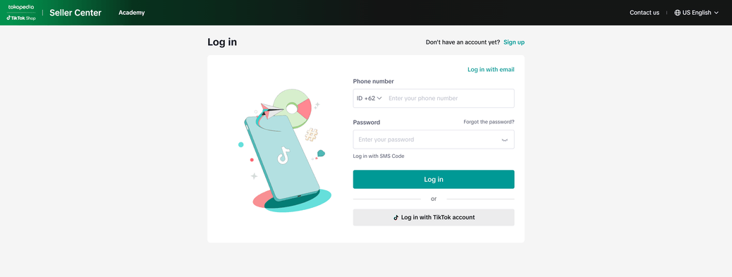 The TikTok Shop seller authentication and login screen.