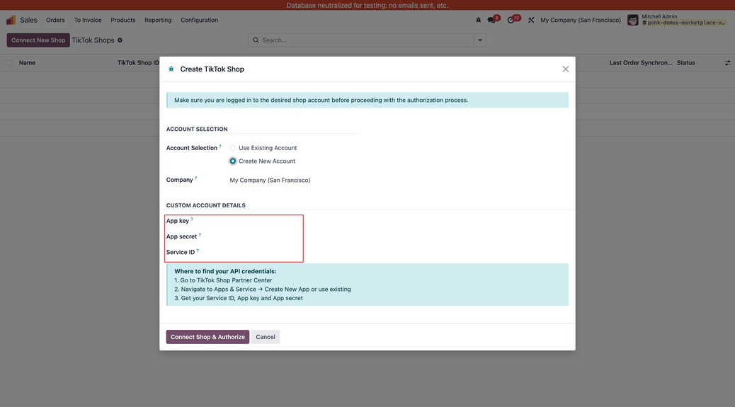 Entering the TikTok app credentials into Odoo.
